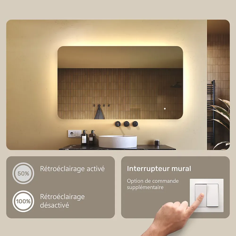Miroir Lumineux|Artforma Miroir de salle de bain lumineux - - Forme arrondie - 120x70cm - LED Dual + Interrupteur tactile