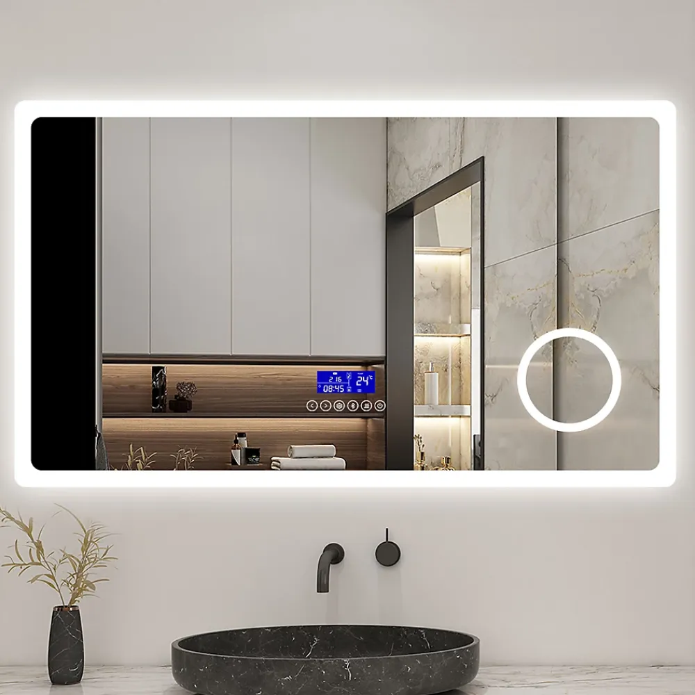 Miroir Grossissant Lumineux|AICA Sanitaire Miroir de salle de bain led bluetooth, 100x60cm Anti-buée, 3x Loupe, 3 couleurs de lumière,