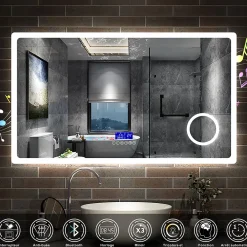 Miroir Lumineux|AICA Sanitaire Miroir de salle de bain led bluetooth, 140x80cm Anti-buée, 3x Loupe, 3 couleurs de lumière,