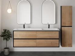 Vente-unique Miroir de salle de bain lumineux en arche anti-buée avec bouton tactile - Contour noir mat - 50 x 90 cm - VIANORIA