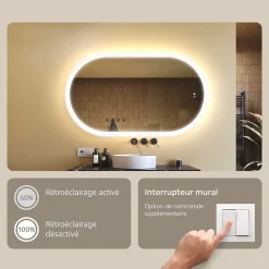 Artforma Miroir de salle de bain lumineux - - Ovale - 120x70cm - LED Dual + interrupteur tactile + anti-buée
