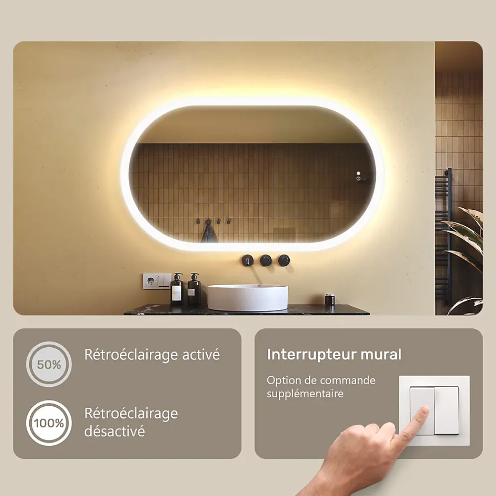 Artforma Miroir de salle de bain lumineux - - Ovale - 120x70cm - LED Dual + interrupteur tactile + anti-buée