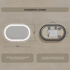Artforma Miroir de salle de bain lumineux - - Ovale - 120x70cm - LED Dual + interrupteur tactile + anti-buée