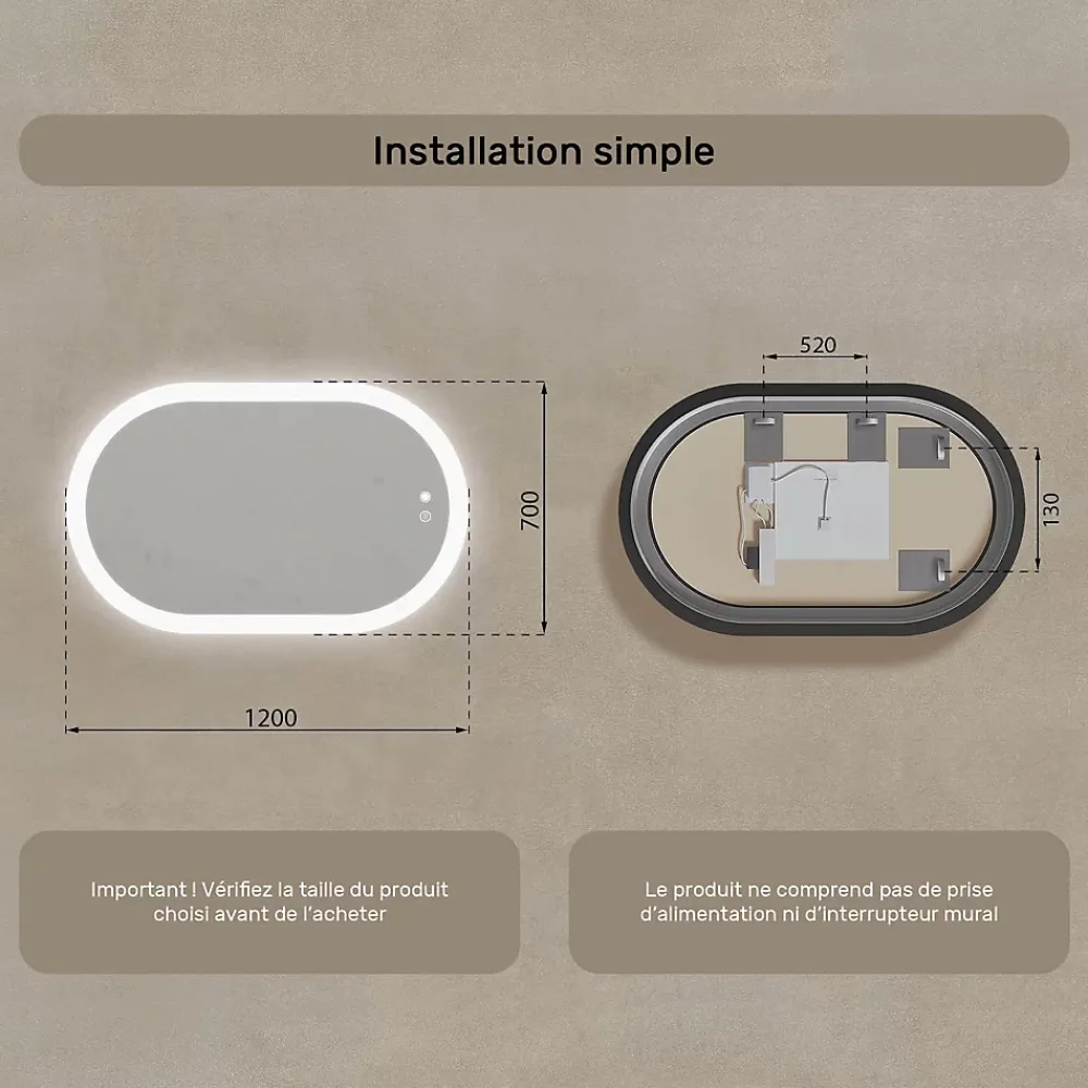 Artforma Miroir de salle de bain lumineux - - Ovale - 120x70cm - LED Dual + interrupteur tactile + anti-buée
