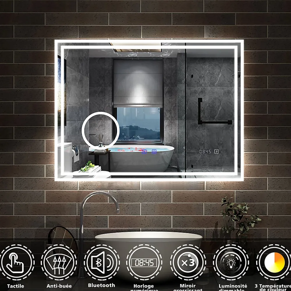 Miroir Lumineux|AICA Sanitaire Miroir de salle de bain LED 100x60cm Tricolor anti-buée avec bluetooth simple, horloge et miroir grossissant 3x,