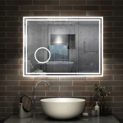 Miroir Lumineux|AICA Sanitaire Miroir de salle de bain LED 100x60cm Tricolor anti-buée avec bluetooth simple, horloge et miroir grossissant 3x,