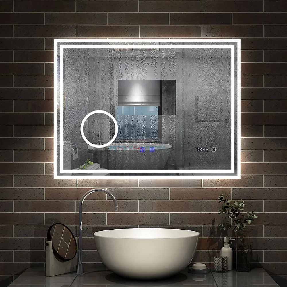 Miroir Lumineux|AICA Sanitaire Miroir de salle de bain LED 100x60cm Tricolor anti-buée avec bluetooth simple, horloge et miroir grossissant 3x,