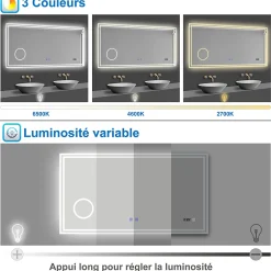 Miroir Lumineux|AICA Sanitaire Miroir de salle de bain LED 100x60cm Tricolor anti-buée avec bluetooth simple, horloge et miroir grossissant 3x,