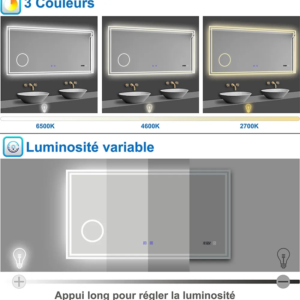 Miroir Lumineux|AICA Sanitaire Miroir de salle de bain LED 100x60cm Tricolor anti-buée avec bluetooth simple, horloge et miroir grossissant 3x,