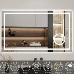 AICA Sanitaire Miroir de salle de bain LED 80x60cm tricolore anti-buée + loupe + bluetooth + horloge + mémoire + dimmable,