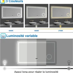 AICA Sanitaire Miroir de salle de bain LED 80x60cm tricolore anti-buée + loupe + bluetooth + horloge + mémoire + dimmable,