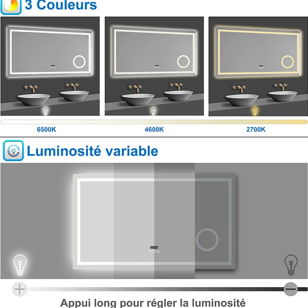 AICA Sanitaire Miroir de salle de bain LED 80x60cm tricolore anti-buée + loupe + bluetooth + horloge + mémoire + dimmable,