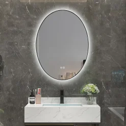 Luxury Bain Miroir de salle de bain LED 50x70cm ovale anti buée avec cadre en aluminium noir LuxuryBain