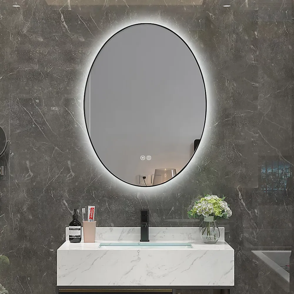 Luxury Bain Miroir de salle de bain LED 50x70cm ovale anti buée avec cadre en aluminium noir LuxuryBain