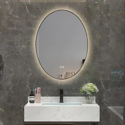 Luxury Bain Miroir de salle de bain LED 50x70cm ovale anti buée avec cadre en aluminium noir LuxuryBain