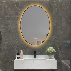 Luxury Bain Miroir de salle de bain LED 50x70cm ovale anti buée avec cadre en aluminium noir LuxuryBain