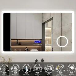 AICA Sanitaire Miroir de salle de bain led bluetooth, 140x80cm Anti-buée, 3x Loupe, 3 couleurs de lumière,