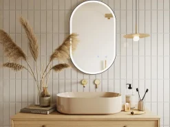 Vente-unique Miroir de salle de bain lumineux ovale anti buée avec contour noir - 50 x 80 cm - ALARICO
