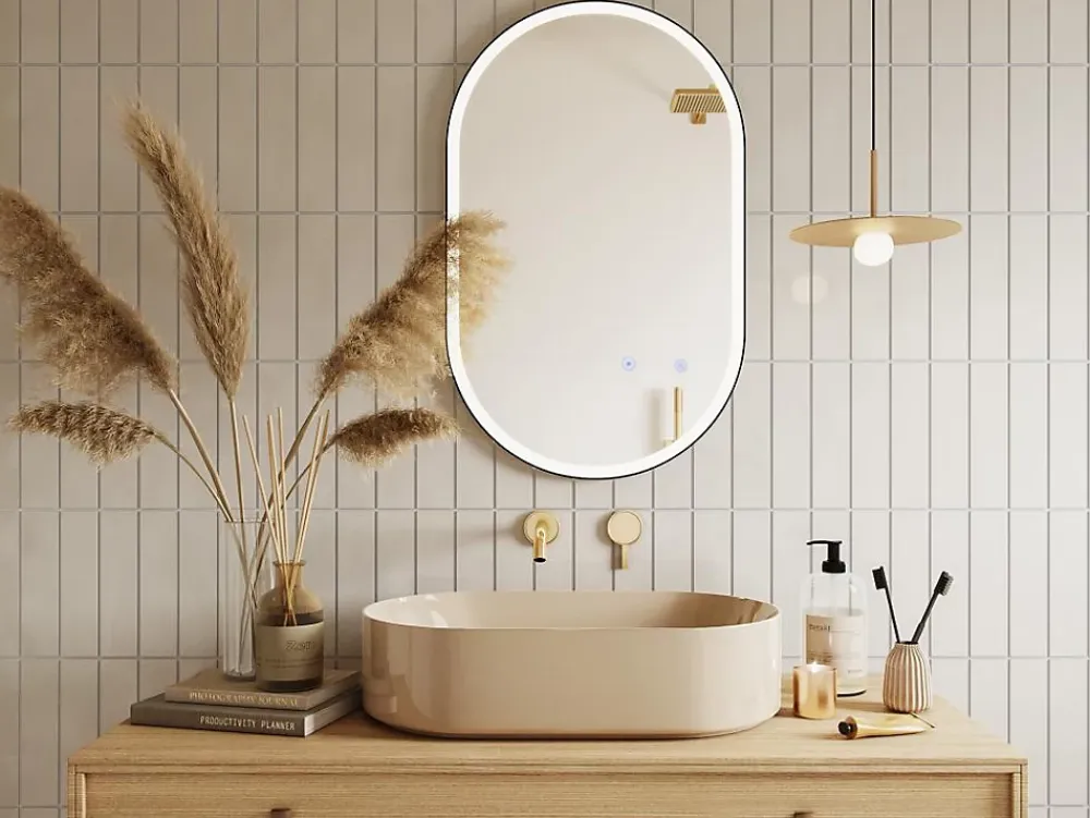 Vente-unique Miroir de salle de bain lumineux ovale anti buée avec contour noir - 50 x 80 cm - ALARICO