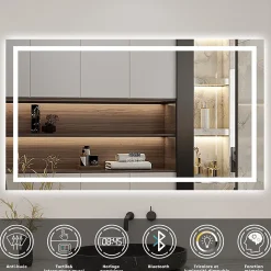 Miroir Lumineux|AICA Sanitaire Miroir de salle de bain LED 100x60cm tricolore anti-buée + bluetooth + horloge + mémoire + dimmable,