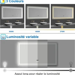 Miroir Lumineux|AICA Sanitaire Miroir de salle de bain LED 100x60cm tricolore anti-buée + bluetooth + horloge + mémoire + dimmable,