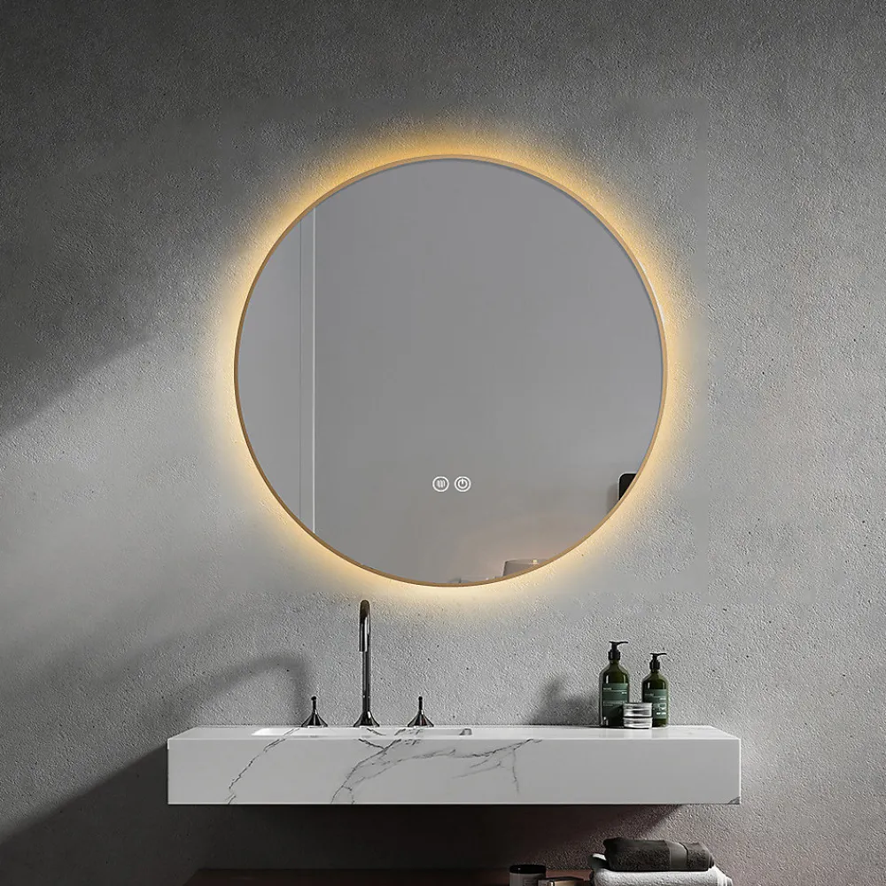 Luxury Bain Miroir de salle de bain LED 60cm rond anti buée avec cadre en aluminium doré, or LuxuryBain