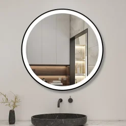 AICA Sanitaire Miroir de salle de bain LED rond 70 cm avec cadre noir, tricolore + anti-buée + mémoire + gradation infinie,