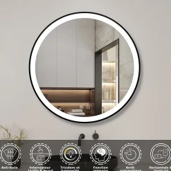 AICA Sanitaire Miroir de salle de bain LED rond 70 cm avec cadre noir, tricolore + anti-buée + mémoire + gradation infinie,