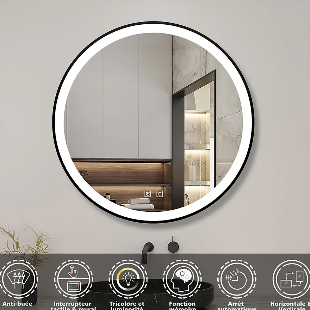 AICA Sanitaire Miroir de salle de bain LED rond 70 cm avec cadre noir, tricolore + anti-buée + mémoire + gradation infinie,