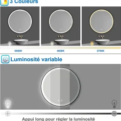 AICA Sanitaire Miroir de salle de bain LED rond 70 cm avec cadre noir, tricolore + anti-buée + mémoire + gradation infinie,