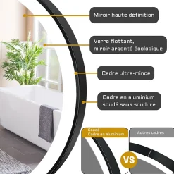 AICA Sanitaire Miroir de salle de bain LED rond 70 cm avec cadre noir, tricolore + anti-buée + mémoire + gradation infinie,