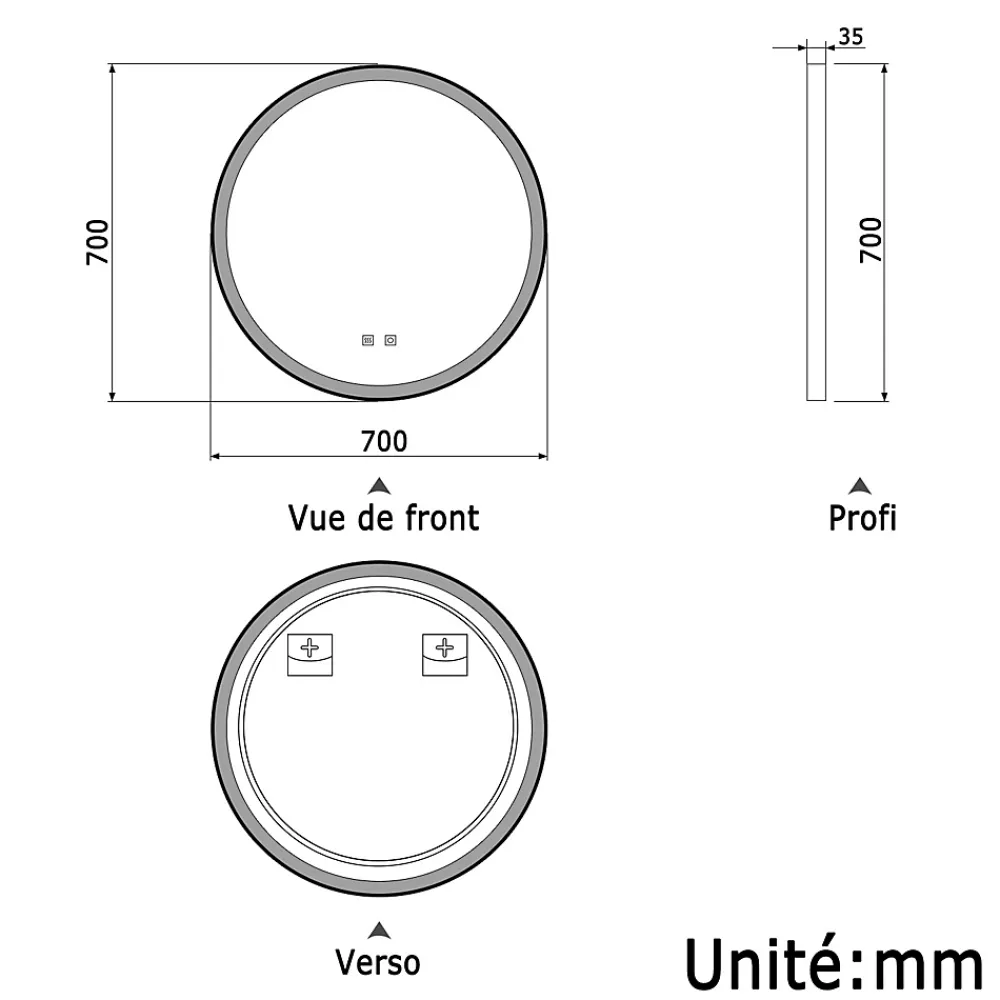 AICA Sanitaire Miroir de salle de bain LED rond 70 cm avec cadre noir, tricolore + anti-buée + mémoire + gradation infinie,