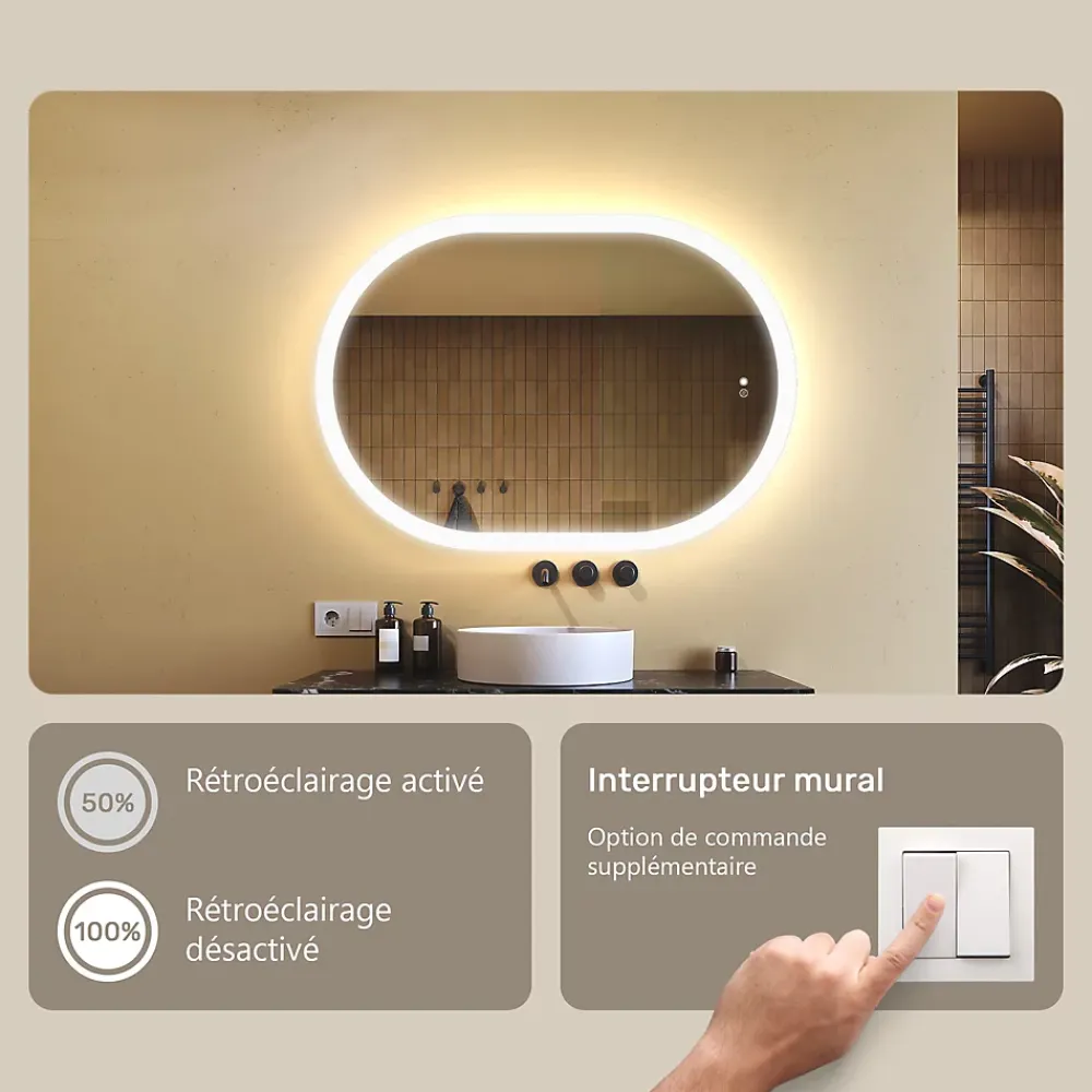 Miroir Lumineux|Artforma Miroir de salle de bain lumineux - - Ovale - 100x70cm - LED Dual + interrupteur tactile + anti-buée