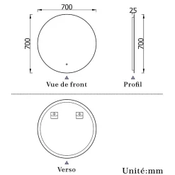 Miroir Lumineux|AICA Sanitaire Miroir de salle de bain LED rond 70 cm avec rétro-éclairage, tricolore + anti-buée + mémoire + gradation infinie,