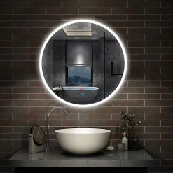 AICA Sanitaire Miroir de salle de bain LED rond de 80cm, dimmable + mémoire + antibuée, avec interrupteur tactile, blanc,