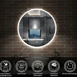 AICA Sanitaire Miroir de salle de bain LED rond de 70cm, dimmable + mémoire + antibuée, avec interrupteur tactile, blanc,