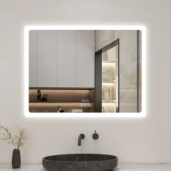 AICA Sanitaire Miroir de salle de bain LED avec bluetooth et horloge, 100x60cm, Tri-color, anti-buée,