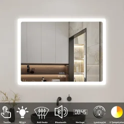 AICA Sanitaire Miroir de salle de bain LED avec bluetooth et horloge, 100x60cm, Tri-color, anti-buée,