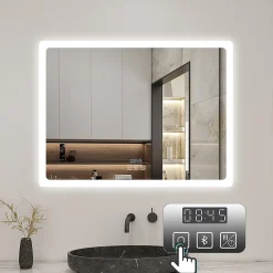 AICA Sanitaire Miroir de salle de bain LED avec bluetooth et horloge, 100x60cm, Tri-color, anti-buée,