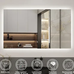 AICA Sanitaire Miroir de salle de bain LED 80x60 cm rétro-éclairé sans cadre avec anti-buée + mémoire + dimmable,
