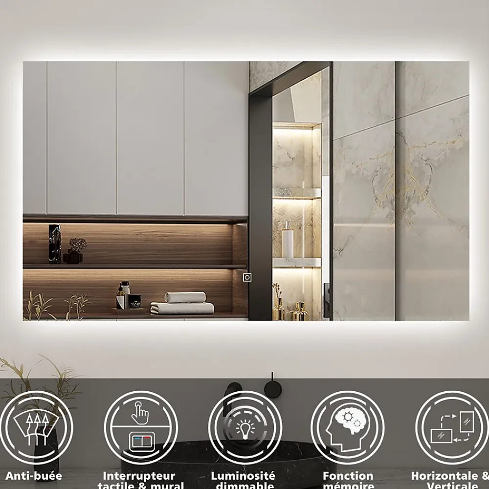 AICA Sanitaire Miroir de salle de bain LED 80x60 cm rétro-éclairé sans cadre avec anti-buée + mémoire + dimmable,