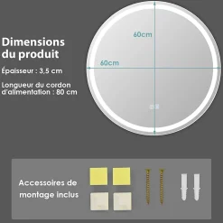 Giantex Miroir de Salle de Bain LED Miroir Mural avec 3 Couleurs de Lumière & Luminosité Réglable Miroir de Coiffeuse LED