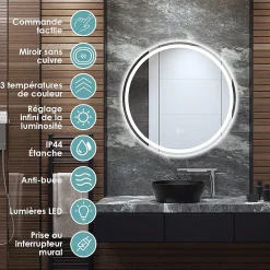 Giantex Miroir de Salle de Bain LED Miroir Mural avec 3 Couleurs de Lumière & Luminosité Réglable Miroir de Coiffeuse LED