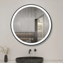 Miroir Lumineux|AICA Sanitaire Miroir de salle de bain LED rond 60 cm avec cadre noir, tricolore + anti-buée + mémoire + gradation infinie,
