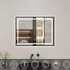 Miroir Lumineux|AICA Sanitaire Miroir de Salle de Bain LED Intelligent 100x80 cm - Anti-Buée, Bluetooth, Horloge, Variateur de Lumière 3C