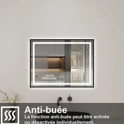 Miroir Lumineux|AICA Sanitaire Miroir de Salle de Bain LED Intelligent 100x80 cm - Anti-Buée, Bluetooth, Horloge, Variateur de Lumière 3C