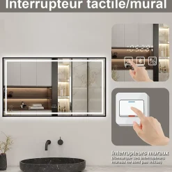 Miroir Lumineux|AICA Sanitaire Miroir de Salle de Bain LED Intelligent 100x80 cm - Anti-Buée, Bluetooth, Horloge, Variateur de Lumière 3C