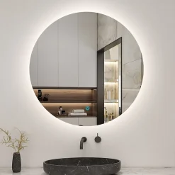 AICA Sanitaire Miroir de salle de bain LED rond 90 cm avec rétro-éclairage sans cadre, anti-buée + mémoire + dimmable,