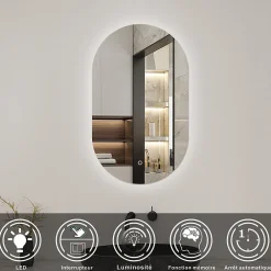 Miroir Lumineux|AICA Sanitaire Miroir de salle de bain ovale 50x90cm, mémoire + dimmable, IP44, 6000K blanc froid,