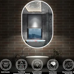 Miroir Lumineux|AICA Sanitaire Miroir de salle de bain ovale 60x100cm, mémoire + dimmable + anti-buée, IP44, 6000K blanc froid,